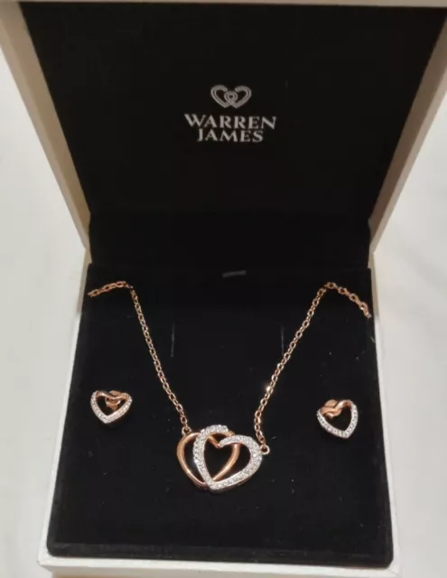 WARREN JAMES SWAROVSKI Rose Gold Double Heart Necklace Earring