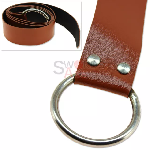 Medieval Costume Belt Antiqued Steel Ring Tie Adjustable Faux Leather Brown 3