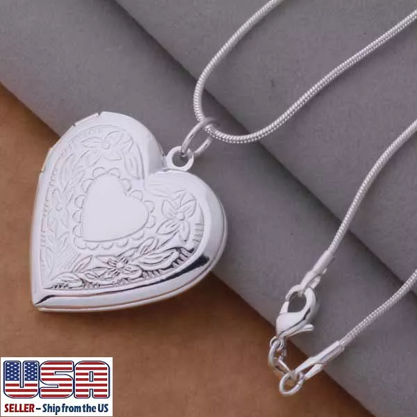 925 Sterling Silver Plated Heart Locket Photo Pendant Necklace 18"+ Gift Pouch