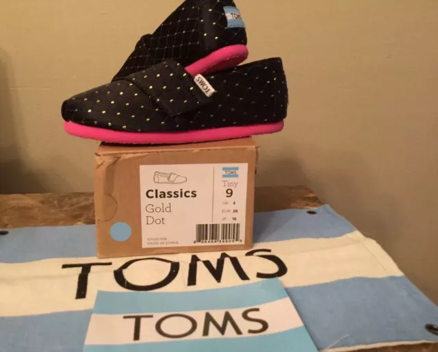 Toms Girls Shoes Flats Slip On Satin Black / Pink Gold Polka Dots: Size Tiny 9
