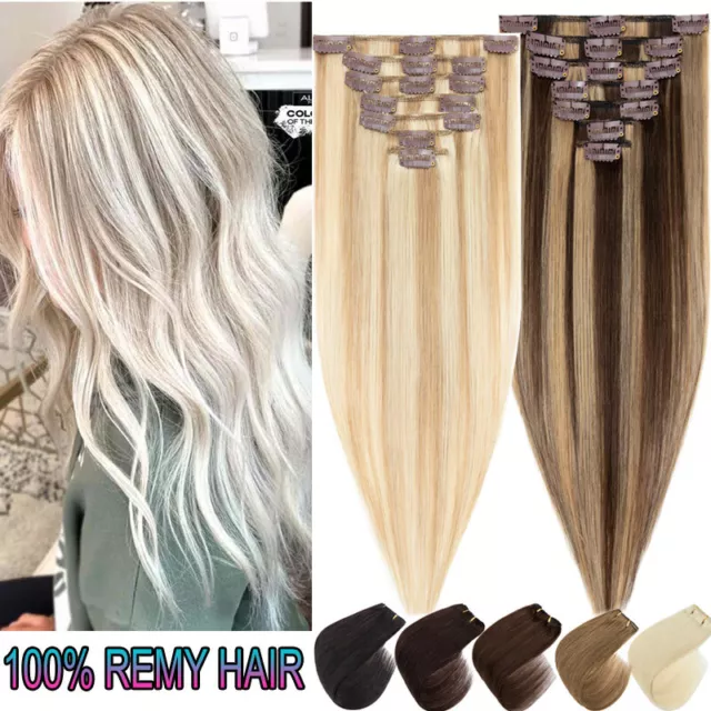 AAAA+ Clip In Hair Extensions 100% Real Remy Human Hair Weft Full Head Blonde US