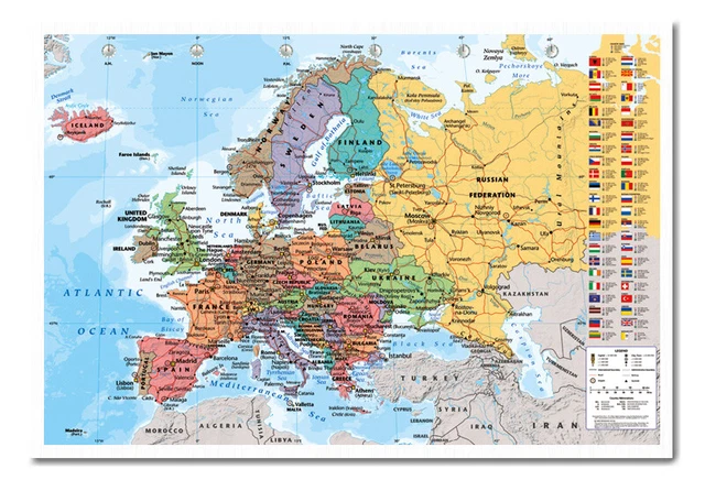EUROPE MAP WITH Flags Wall Chart Poster Framed Cork Pin Board £66.00 ...