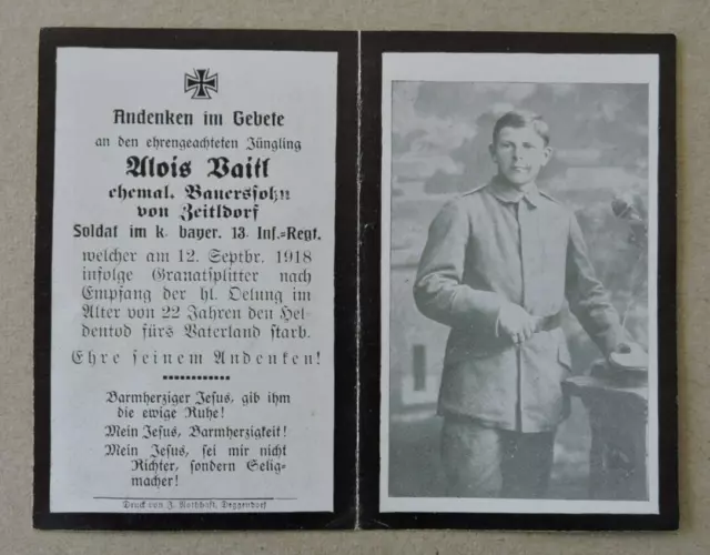 Sterbebild WK1/ K. B. 13. Inf. Regt. /x1918 Granatsplitter /Deggendorf