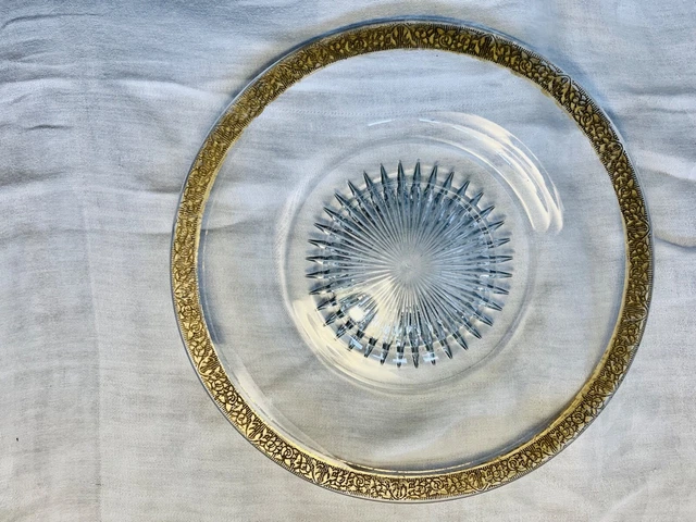 `Glass serving plate with gold trim starburst center Tiffin Minton 9 7/8" 