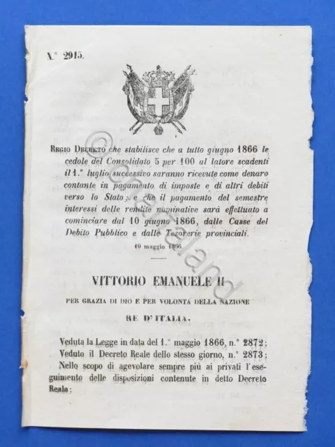 Regno d'Italia Regio Decreto cedole del Consolidato 1866