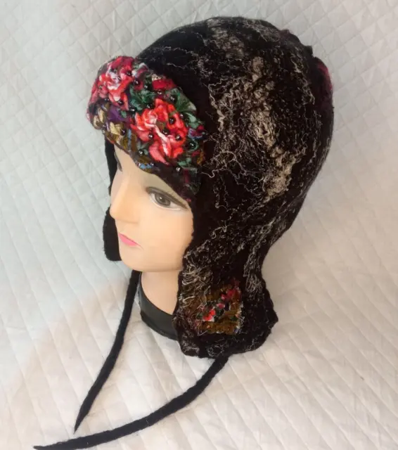 Mujer fieltro negro merino lana earflap.warm lana hat.ushanka.Christmas gift.win