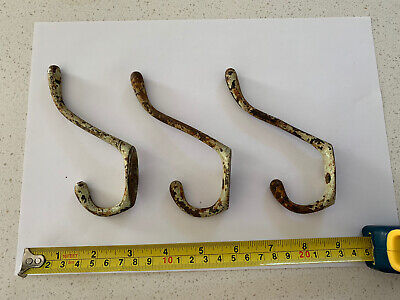 Three Antique Brass Hooks Patina Industrial Salvage Paint