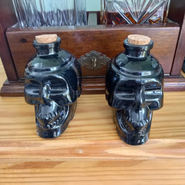 X2 BLACK  Glass  DECANTER/ BOTTLE  Skulls,   Cork Stopper, 130ml  4 inchs
