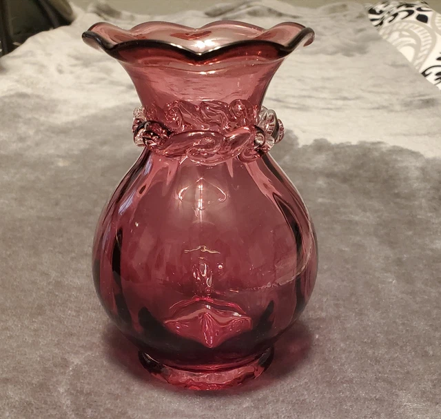 CRANBERRY PILGRIM GLASS Vase Hand Blown Art Glass Pitcher Ruffle Edge