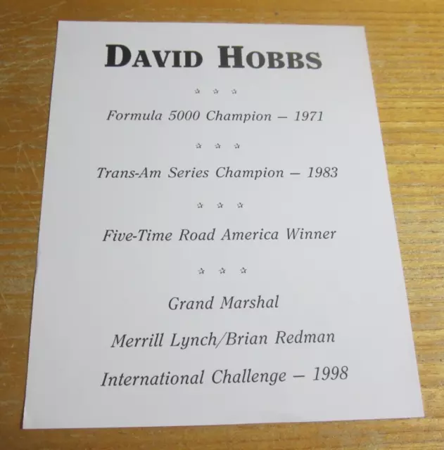 David Hobbs Driver Autographed 8.5X10.25 Photo Formula One Le Mans Racing HOF 2
