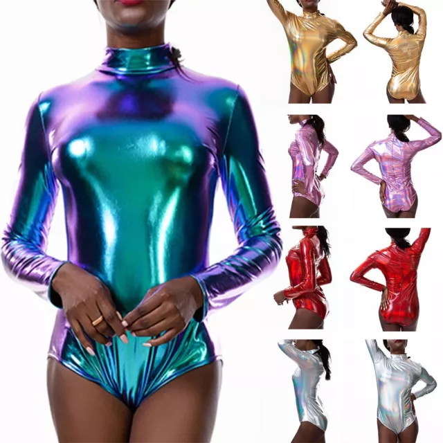 Party Club Bodysuit Tops Wetlook Damen Ganzjahres Clubwear Langarm