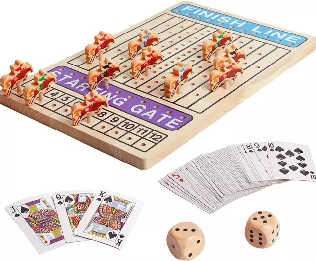 Horse Racing Board Game Wooden Challenge Toy Poker with 11 Durable Horses Dice &