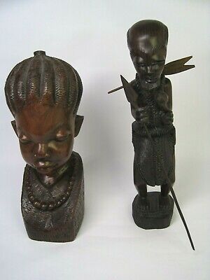 Vtg 2 African Ebony Wood Sculpture Woman Head Bust 9'' Tall & 10½" Men w/ Spear