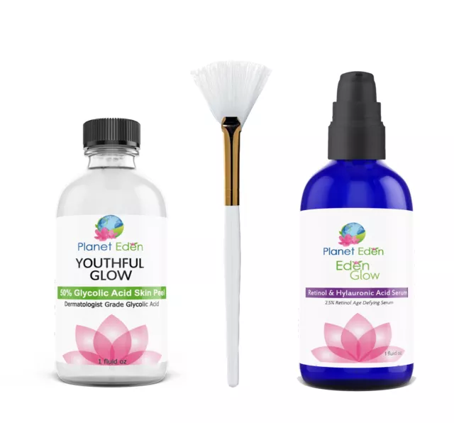 50% Glycolic Acid Skin Peel Kit + 2.5% Retinol Hyaluronic Acid Serum & Fan Brush