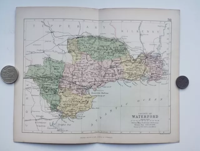 Antique County Map of WATERFORD , Ireland - Phillips Handy Atlas , 1882