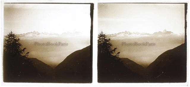 Montagne Paysage Neige avec nuages Photo c1920 Plaque de verre K3n45 Stereo 