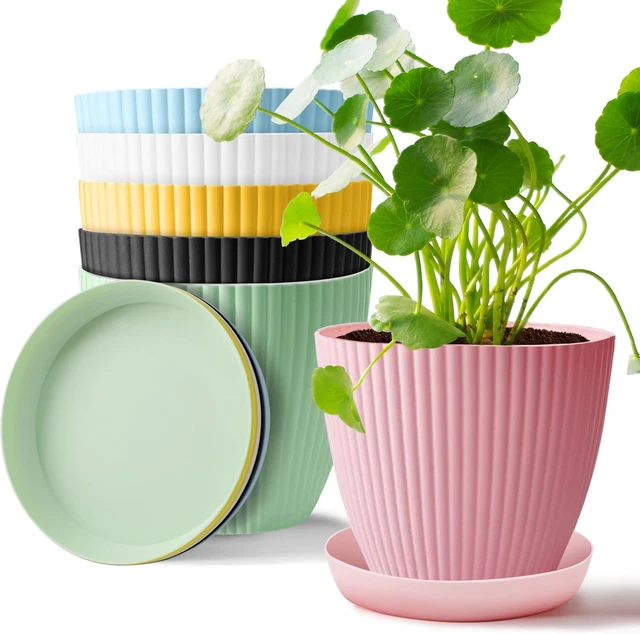 7 Inch Plant Pots, 6 Pack Flower Pots Indoor Outdoor, Decorative Planters with D