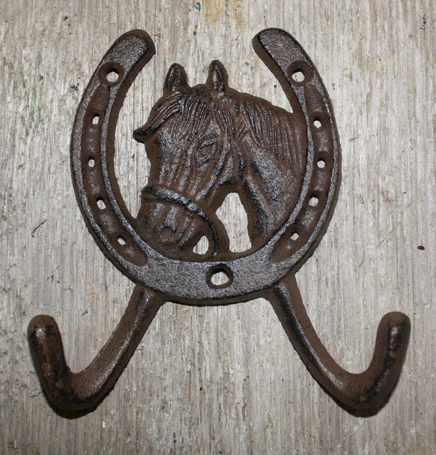 Cast Iron Rustic Ranch HORSE HEAD 2 HOOK Coat Hooks Rack Towel HorseShoe