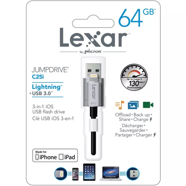 Lexar 64GB JumpDrive C25i Lightning to USB 3.0 Cable with Built-In Flash Drive