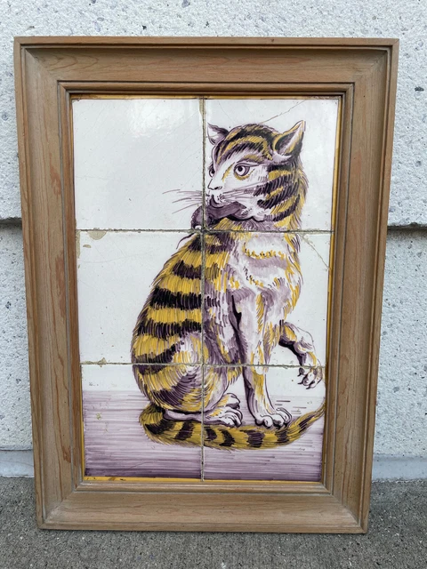 18th Century Dutch Delft Tile Painting of a Cat with Mouse