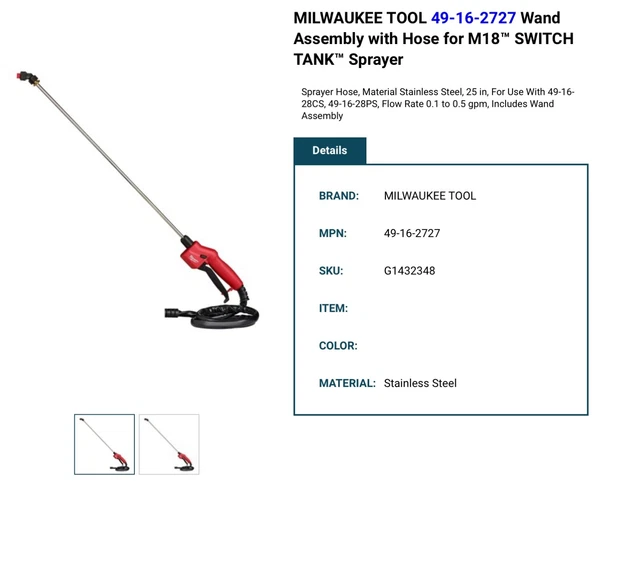 Milwaukee Tool 49-16-2727 Wand Assembly With Hose For M18™ Switch Tank™ Sprayer
