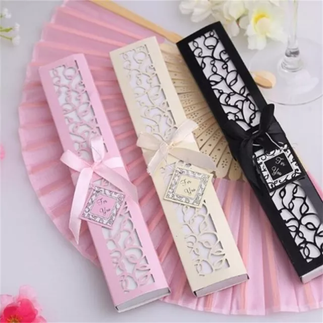 Silk Fold Hand Fan in Elegant Laser-Cut Gift Box Party Favor Wedding Gift B.ar