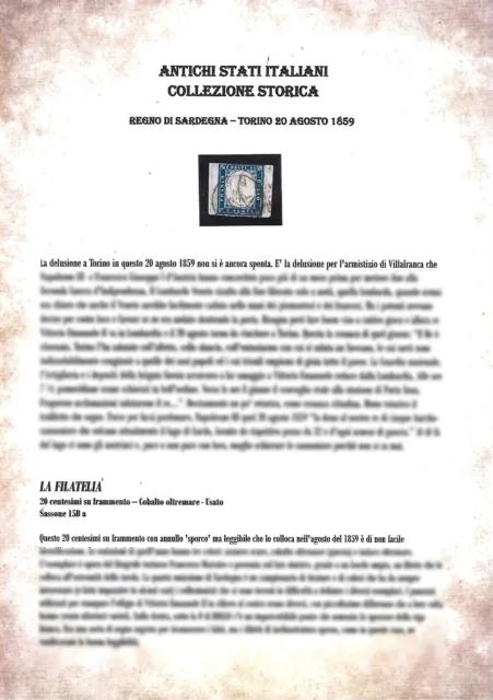 Regno di Sardegna. 20 centesimi. 20 08 59. Con la storia di quel giorno a Torino