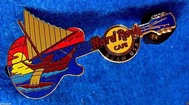 GUAM OUTRIGGER MULTIHULL SAILIING CANOE ISLAND SUNSET GUITAR Hard Rock Cafe PIN