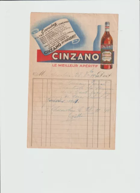 facturette  ancienne  illustrée  couleurs  format  15 x 21 cm  CINZANO 1940