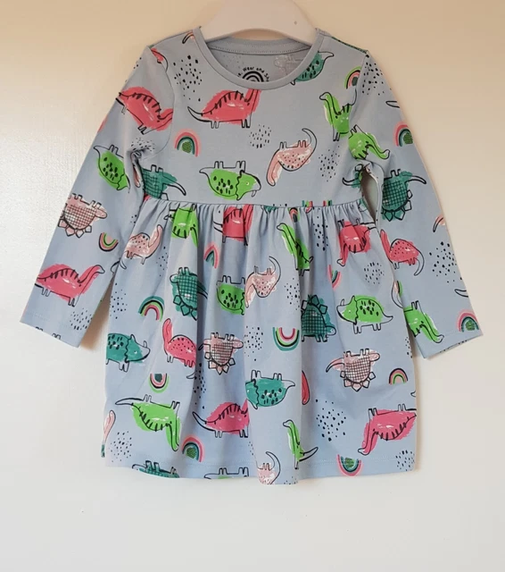 Abito per bambina dinosauri blu arcobaleno età 12-18 mesi manica lunga cotone F&F