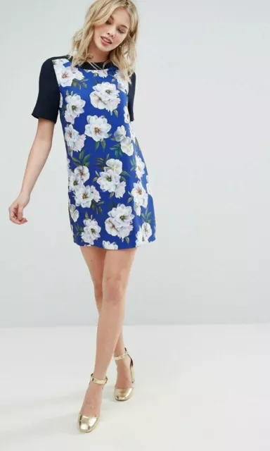 Oasis Floral Blue Shift Mini Dress Size 8 New Rrp £70.00