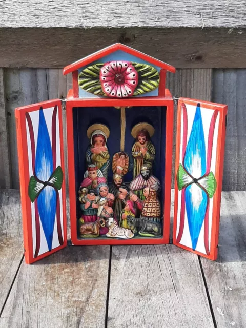 Peru Folk Art Cabinet Nativity Icon Scene Hand Painted Paper Mache