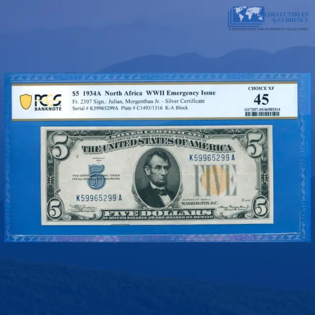 Fr.2307 1934A $5 Silver Certificate Yellow Seal "North Africa", PCGS 45 #65299