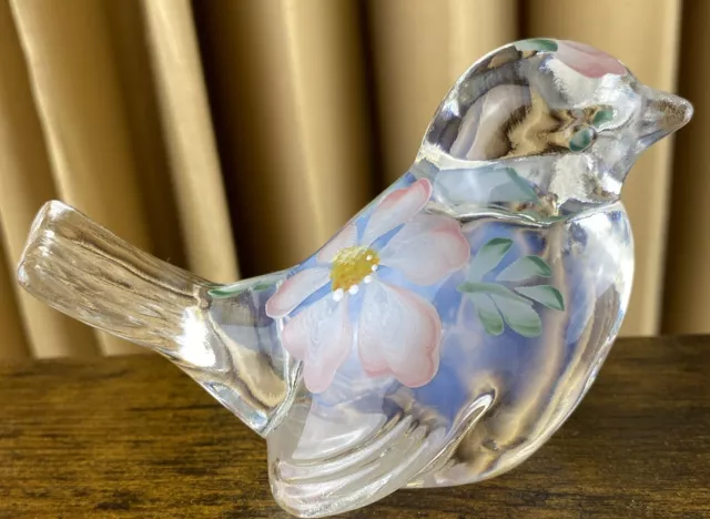 Fenton Bird Opalescent Flowers Hand Painted Art Glass Artist Signed