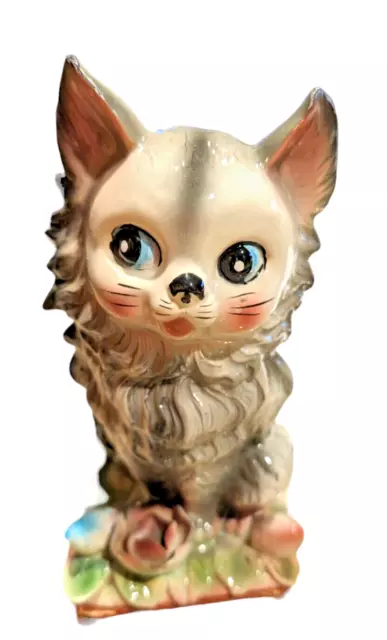 Vtg MCM Ceramic Big Blue Eyed Gray Cat Kitten Anthropomorphic Figurine Decor 8"