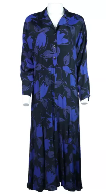 Vtg 80s CAROLE LITTLE Saint Tropez West USA M 6 8 Black Blue Floral Rayon Dress