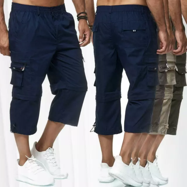 Mens Cargo Elasticated Waist 3/4 Long Length Shorts Combat Multi Pockets Pants