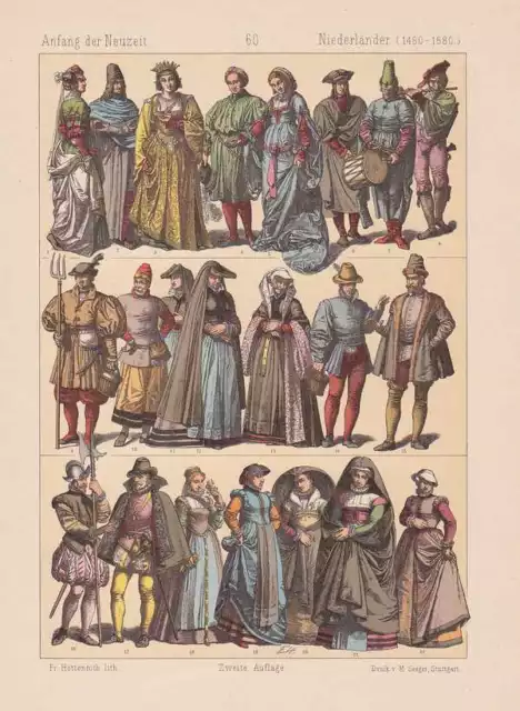 Niederländer Holländer 1480 - 1580 Mode Trachten LITHOGRAPHIE von 1883