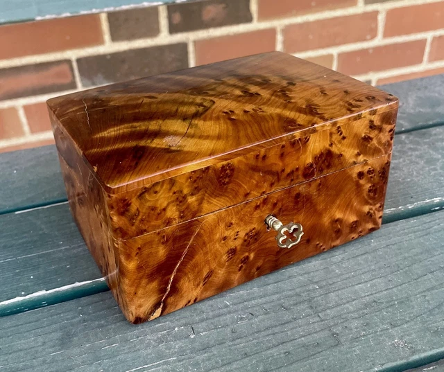 BEAUTIFUL ANTIQUE Burl Wood Locking Jewelry Box w Original Key