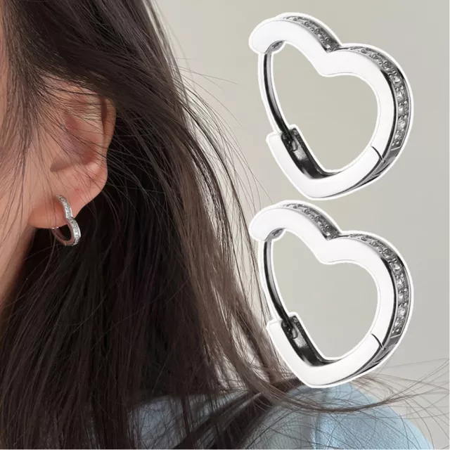 925 Sterling Silver Ear Clip Jewelry Earrings Crystal Heart Rhinestone Hoop Stud
