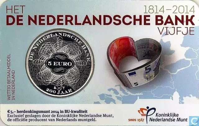 Coincard 5 euros Banque des Pays-Bas argent