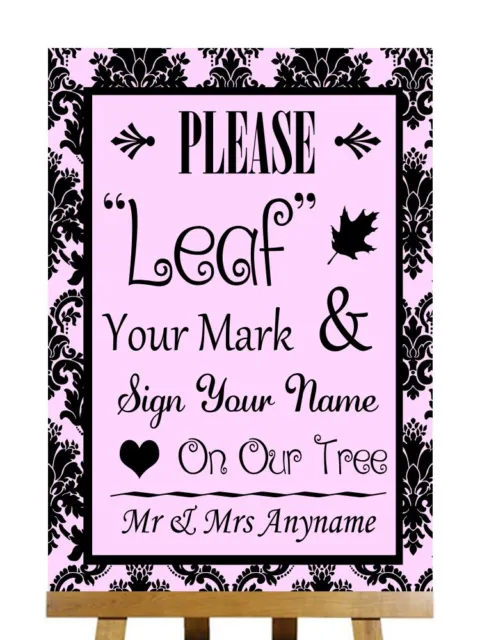 Letrero de boda personalizado de árbol con huellas dactilares rosa negro damasco