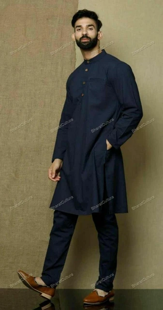 Mens Kurta Navy Blue Color Traditional Shirts Top Shirt Solid Mens Wear Cotton K