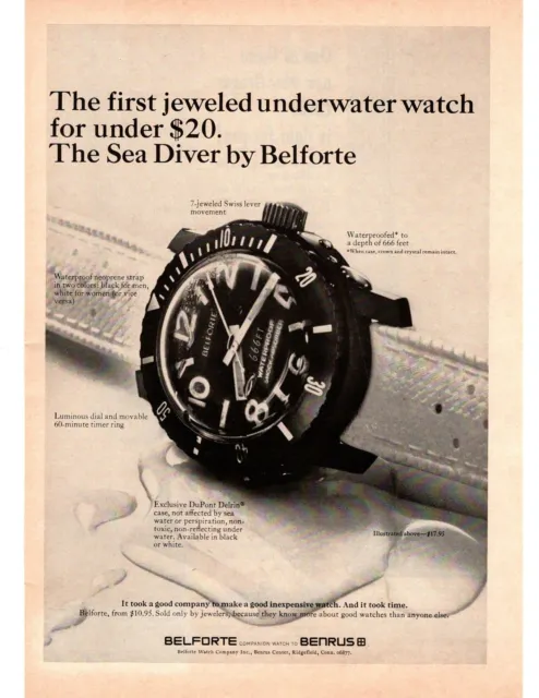 1968 Sea Diver Watch By Belforte 7 Jeweled Swiss Lever Movement Print Ad