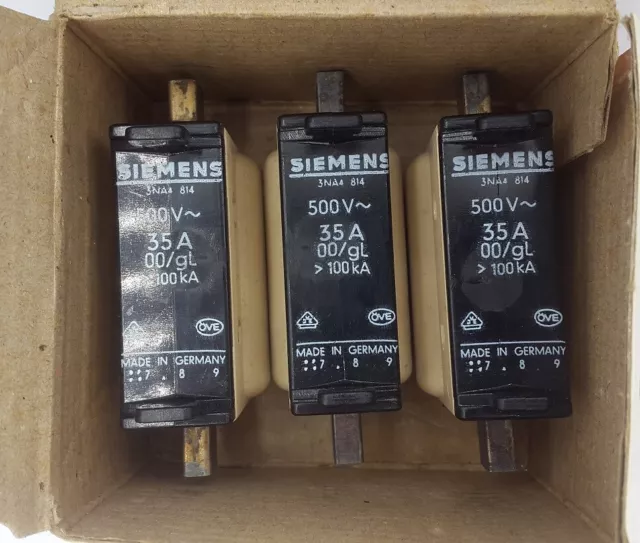 3 Siemens Iso-Nh Assurance 3NA4 814 Fusible 35A 500V Dispositif de Sécurité Lame 4
