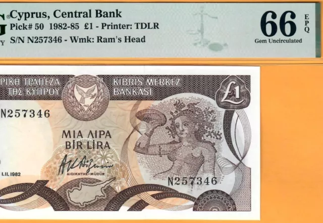 Cyprus-1 Pound-1982-Pick 50-Serial Number 257346 **Pmg 66 Epq Gem Unc**