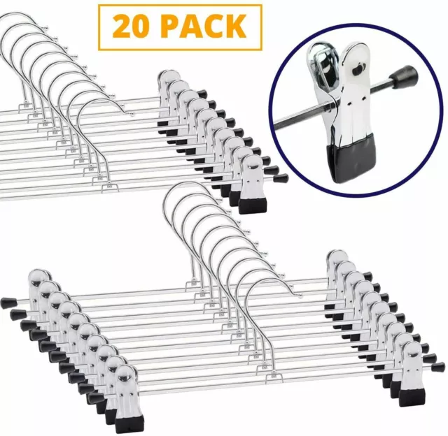 Trouser Hangers - Pack of 20 with Adjustable Non Slip Clips to Hang Skirts, Pant