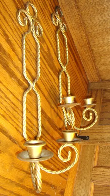 Set (2) Brass Gold-Tone 15" Wall Sconce Double Candle Holders Twisted Rope   745