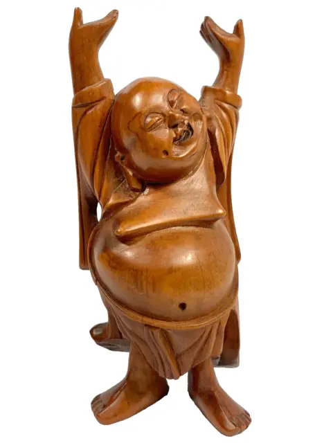 Chinese Buddha Boxwood Happy Budai Standing with Arms Raised Vintage
