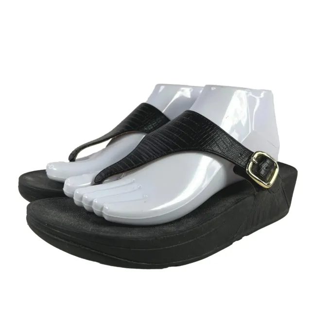 FitFlop The Skinny Women's Toe-Post Sandals US 8 Black Lizard Wedge Thong Shoe